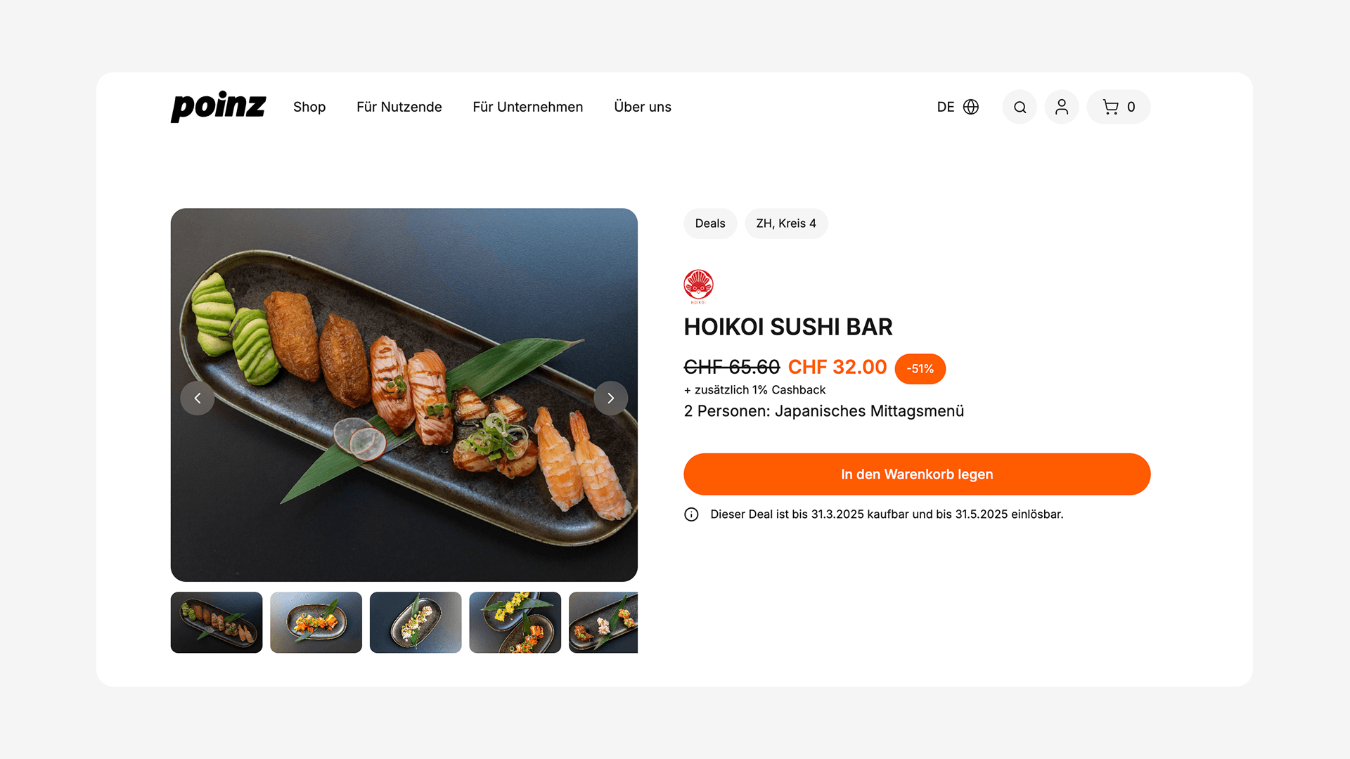 poinz Deal: 50% auf das Mittagsmenü bei HOIKOI SUSHI BAR